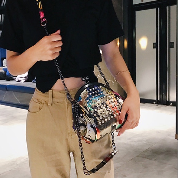 Lady Chic Rhinestones Kiss Lock PU Leather Chain Shoulder/Crossbody Bag - Picture 5 of 8